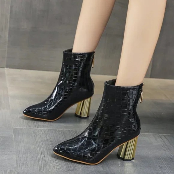 zipper ankle boots women's metal heel embossed shiny leather nude boots - Picture 4 of 9